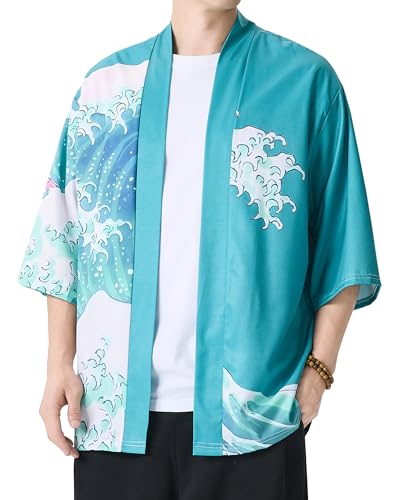 Image of Men's Japanese Kimono Robe Jacket Lightweight 3 /4 Sleeve Open Front Yukata | Silky Smooth Fashion Print Happi Coat Lightweight Breathable Loose Unisex Haori Casual Summer Cardigan Daily Beach Vacation