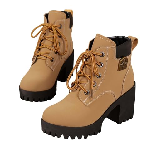 Women Ankle Boots Platform Lace Up Chunky Heel Booties Stacked Heel Round Toe Pull on Motorcycle Mid Calf Boots