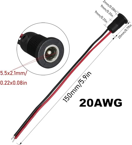 RUNCCI-YUN 5,5 X 2,1 mm DC Hohlstecker Power Mount Adapter Set,5pcs18AWG DC 12V 5A Male DC Power Pigtail Kabel,5pcs 20AWG 5,5 X 2,1 mm Female Buchse Kabel für CCTV Sicherheit Kamera