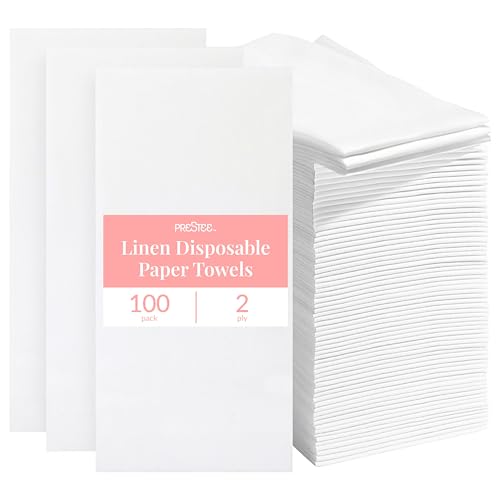 Prestee 100 Linen Feel Disposable Paper Towels - Hand Towels for Bathroom - Cloth-Like Napkins for Weddings, Events, and Dinners - Paper Napkins Ideal for Home, Office - White, 12 x 17 Inches