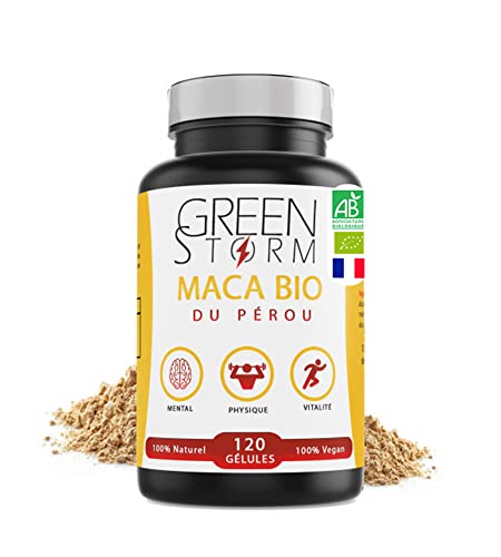 MACA BIO-Extrait de Racine de Maca AB récoltée au Pérou -Pur & Sans Excipient Performance Mental, Physique & vitalité|120 Gélules Végan|1350 mg par dose|analyse et Conditionnée en France|Green-Storm Cover
