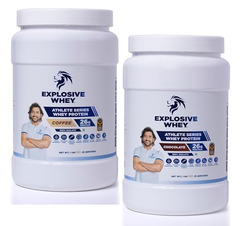 Image of Explosive Whey Athlete Series Whey Protein 100% Isolate - 2kg | Trusted by M.S. Dhoni & Kedar Jadhav | Informed Sport Certified | Muscle Support & Recovery - 26g /Serving (60 Servings - 2Kg, Chocolate+Coffee)
