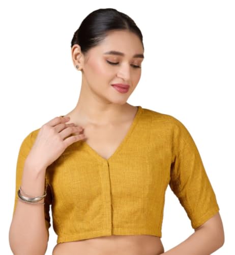 Image of Studio Shringaar Women's Thick Handloom Cotton Plain Side Stretch (Smocked) Readymade Saree Blouse