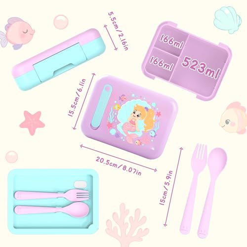 Image of Kids Bento Lunch Box for Boys & Girls - 4-Compartment Leak-Proof Lunch Container with Hidden Silicone Handle, Lightweight, BPA-Free, 855ml for School & Travel (Mermaid)