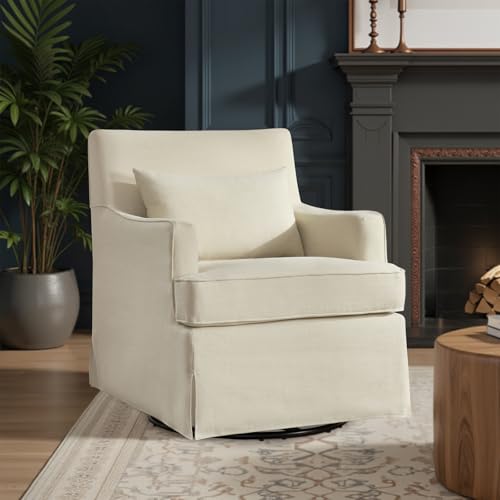 Sillón giratorio beige de tela con cojín grueso miniatura 7