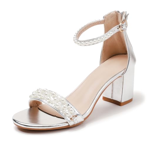 Image of Women's Heels Sandals for Women Open Toe Fashion Pearls Platform Heeled Sandals Ankle Strap Block Chunky Low Heel Pump Sandal Party Wedding Dress Shoe
