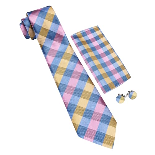 Image of YOHOWA Men Plaid /Striped Ties Set Silk Business Wedding Formal Fashion Necktie and Pocket Square Cufflinks Set