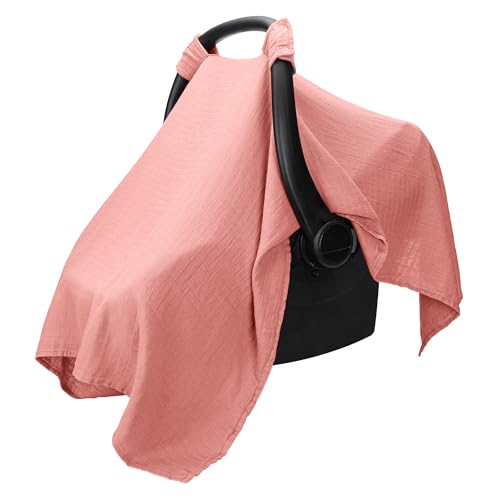 Image of Comfy Cubs Baby Car Seat Cover - Soft, Breathable Bamboo Rayon and Muslin Cotton Blend - Lightweight Canopy for Sun, Bug, and Comfort Protection - Large Size Infant Seat Cover in Dusty Rose Design