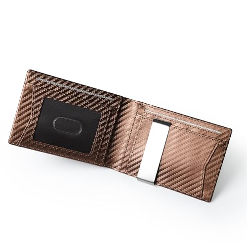 Image of Slim Bifold Wallet for man with Money Clip - RFID Blocking, Multiple Credit Card Pockets - Sleek and Versatile Design - Genuine Leather - Ideal for Cash and Cards (Carbon FIber Brown - Brown)