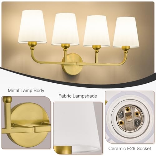 Image of Bathroom Vanity Light, Brushed Gold Bathroom Lighting Fixtures Over Mirror | 4-Light Bathroom Light Fixtures with Flared White Fabric Shade, E26 Socket (ETL Listed)
