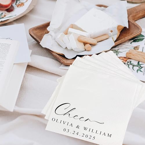 Image of Personalized Cocktail Napkins Wedding, Cheer Mr Mrs Name Couple, Pack 50 100 150 300 500 Anniversary Party, Disposable Decoration Initials Beverage Bar Reception Cocktail Luncheon Dinner, Golden 2
