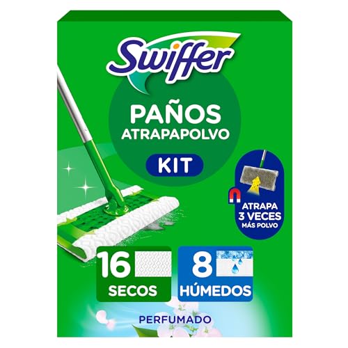 Swiffer Mopa Limpiador En Seco Y Húmedo Kit Básico Para Limpiar Madera Y Suelos, Con: 1 Mopa, 16 Paños Secos, 3 Paños Húmedos