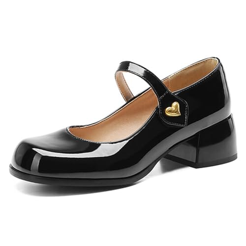 Alyaafifa Block Heel Pumps for Women 2 Inches Ankle Strap Low Heel Mary Janes Closed Square Toe Patent Leather Dress Shoes Cute Comfortable Party Event Business Prom Daily
