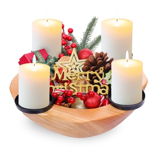 Portavelas de madera para corona de Adviento, cuenco redondo de madera y bandeja de metal para velas, arreglo de Adviento, cuenco de Adviento de Navidad para decoración de mesa