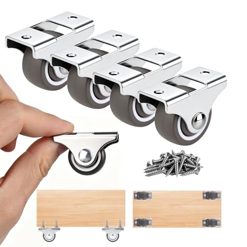 1 Inch Small Rigid Caster Wheels, 4 Pack Non-Swivel Low Profile Plate Casters, No Floor Marks Silent Rubber Replacement Wheels for Furniture, Trundle Beds, Drawers, Rolling Doors, Cabinets | Low Profile, Non-Marks, Smooth Rolling, Steel Fixed Bracket