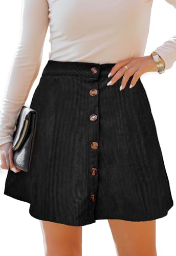 Herbatomia Women’S Black A-Line Short Skirt Button Front Pleated High Elastic Waist Corduroy Skater Skirts For Women With Pocket cover
