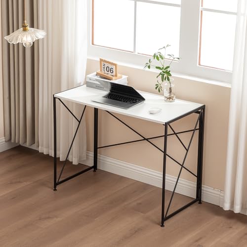 Escritorio Plegable Con MDF Y Metal, Mesa De Trabajo Compacta Y Portátil, Escritorio Para Ordenador Y Estudio, Mesa Multifunción Para Oficina En Casa Y Espacios Pequeños, Blanco, 99x50x75 cm