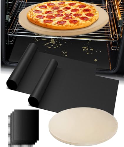 12-inch Pizza Stone, Baking Stone for Oven, BBQ Grill, Pizza Pan, Free Heavy Duty Non-Stick Teflon Oven Liners 4pcs 13 * 16 Inch included, Reusable Oven Liners for Oven, Microwave Pizza Tray