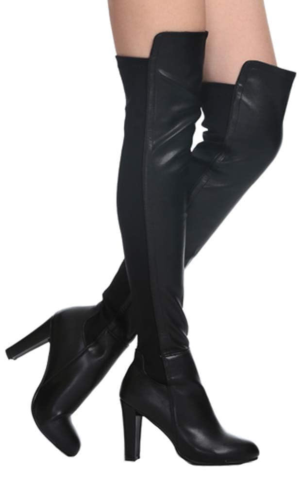 Shoe'N Tale Women Faux Suede Chunky Heel Stretch Over The Knee Thigh High Boots: 7 Black Pu