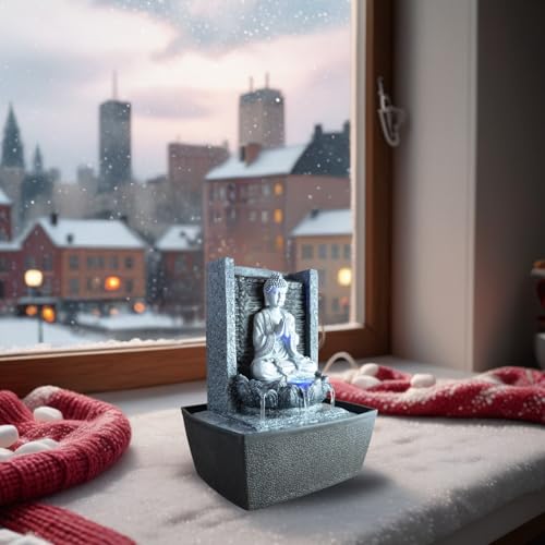 Zen'Light - Zimmerbrunnen Nirvana - Wasserfall mit Buddha & Weißer LED-Beleuchtung - Moderne Zen Deko, Ideal für Meditation & Entspannung - Feng Shui - H 26cm, Grau