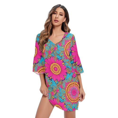Robe en mousseline de soie fleurie mandala avec un élégant col en V