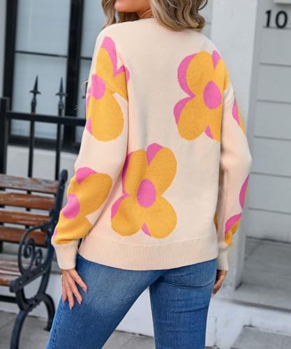 Image of Sumleno Womens Cute Color Block Flower Pattern Sweaters Crewneck Pullover Tops Kawaii Aesthetic Fall Winter Knitwear