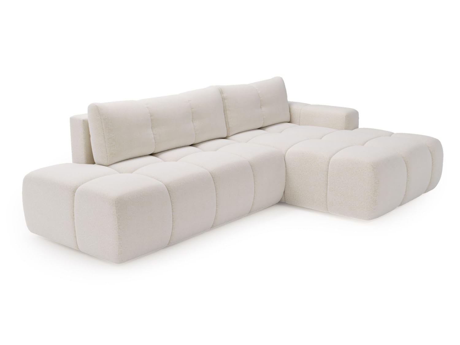 GRAINGOLD Montero L Ecksofa modern mit Bettfunktion, 280x177 cm, L-Form Sofa, Schlafcouch für Wohnzimmer, Bouclé-Stoff, 3-Sitzer Eckcouch, Ecksofa mit Bettkasten (Weiß, Rechts)