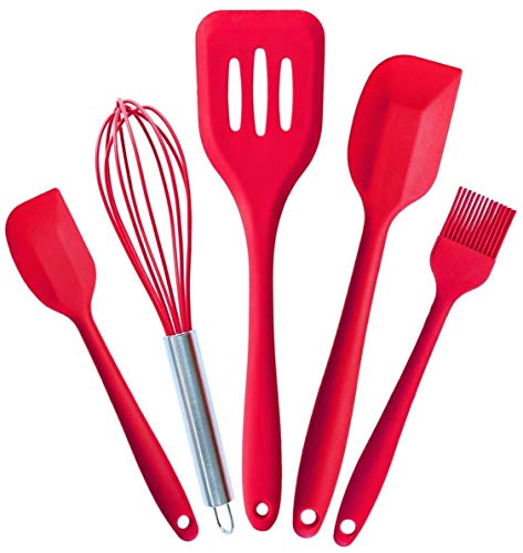 Image of P-Plus International Silicone Spatula Set 5-piece - 500ºF Heat-Resistant Baking Spoon Spatula - Seamless One-Piece Design Easy to Clean - Non-Stick Silicone Stainless Steel Core (Utensil 5 RED)
