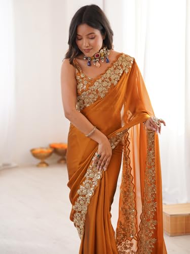 Image of AKHILAM Women's Satin Embroidered Sequins Work Saree With Unstitched Blouse Piece (AARYAN22901 KR Parent)