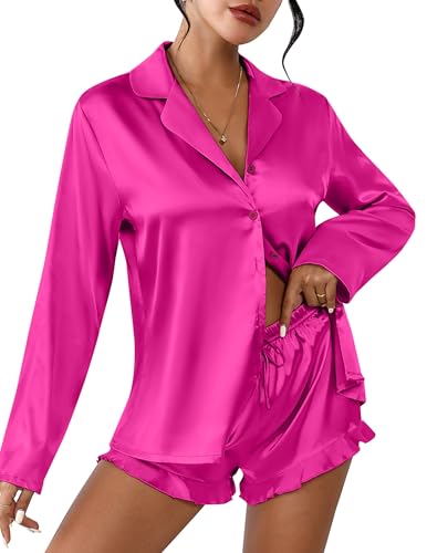 Image of Ekouaer Womens Satin Pajama Sets Long Sleeve Top and Shorts Lounge Set Button Down Sleepwear