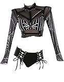 MEOWCOS Women's Bikini Sets Bathing Suit Swimsuits Halter Top and Shorts Bikini Sets with Tulle Cover-up Black