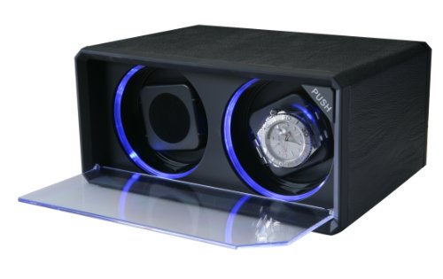 Diplomat Double Black Leatherette Watch Winder with Blue LED's