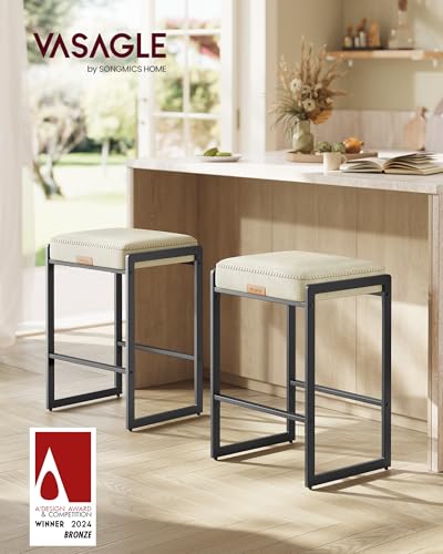 Image of VASAGLE EKHO Collection - Bar Stools Set of 2, Counter Height Bar Stools, Synthetic Leather with Stitching, Mid-Century Moderns, 26-Inch Tall, Kichen Home Bar Dining Room, Cream White ULBC086W01S