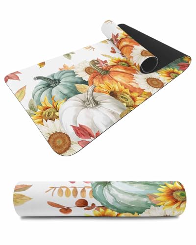 Debedcor Heat Proof Table Pads Waterproof Decorative, Thanksgiving Pumpkin Non-Slip Table Countertop Protector, Fall Watercolor Sunflower Leaves Insulation Mat for Kitchen Room, 40 x 12 Inches