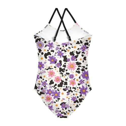 Black Cow Print Girls One Piece Swimsuits Sport Halter Swimwear Beach Bathing Suit 3T2