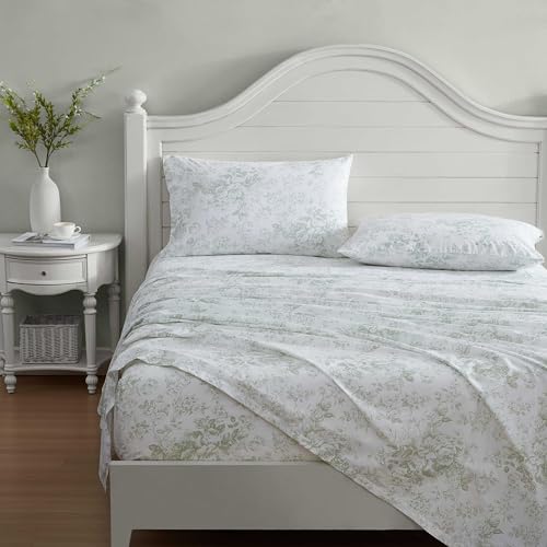 Image of Laura Ashley - Full Size Sheet Set, Crisp & Lightweight Cotton Percale Bedding with Fitted Sheet and Pillowcases, Floral Room Decor, Deep Pocket, College Dorm Room Essentials (Toile Delight Green)
