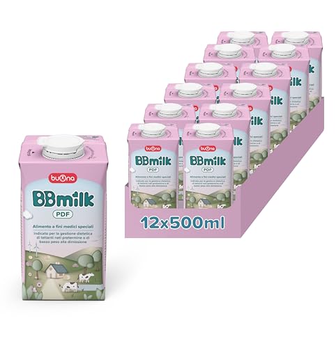 Buona Latte per neonati liquido BBmilk PDF 500ml Pack da 12, Post Dimissione per Neonati Prematuri e/o di Basso Peso, Alimento a Fini Medici Speciali, Pronto all'Uso, Con Lattoferrina, HMO, GOS, DHA
