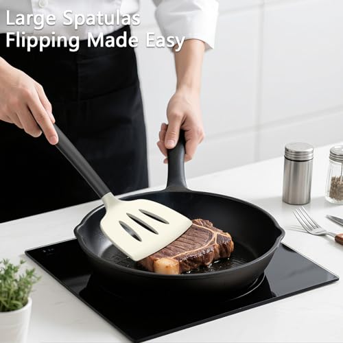 Image of Coukre 3 Pack Silicone Spatula Set, Heat Resistant to 500F, BPA-Free | Fish Spatula, Solid & Slotted Turners, Dishwasher Safe, Spatula Set for Eggs, Pancakes, Fish & Burgers, BeigeBlack