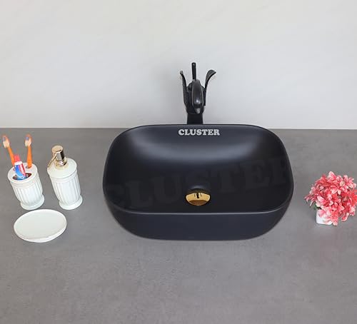Image of CLUSTER Designer Table Top Wash Basin For Bathroom | Ceramic Bathroom Sink | Over Counter Wash Basin for Hotel, Resturent (18x13x6 Inch) (Matt Super Black)