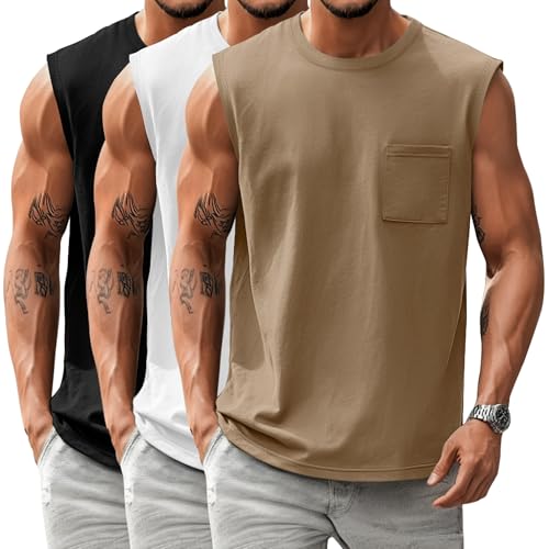 Huukeay 3 Pack Cotton Mens Big and Tall Sleeveless Tank Tops Muscle Shirts Gym Workout Casual Tees with Pocket(Black White Khaki 4X-Large)
