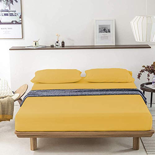 100% Cotton Bedsheet 500-TC Extra Soft Gold Yellow Flat Bedsheet for Queen Bed (92x102) with 2 Pillow Cases (18x28)-image-9