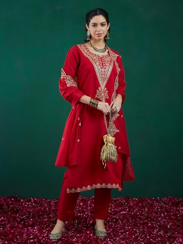 Image of INDO ERA Women's Embroidered Silk Blend Straight Kurta & Palazzo With Dupatta Set (RRRRR9584)