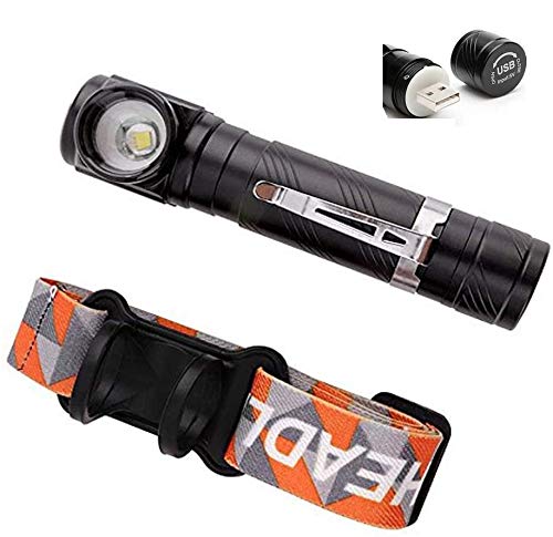 USB Rechargeable Tactical Flashlight Right Angle Headlamp Flashlights, Pocket-sized Small LED Flashlight Torch Built in Rechargeable Battery, Magnet and Clip for Camping, Hiking and Cycling