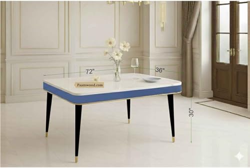 Image of Swiss Modern Dining White Marble Top Table Set with Sheesham Wood Legs, 6 Seater with Upholstered Chairs (71x36x30 Inches) (Blue)