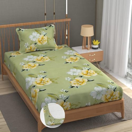 Image of Premium Heavy Cotton Elastic Fitted Bedsheets with 1 King Size Pillow Covers | Single Bed with All Around Elastic 350 TC | 36 x 78 x 6 Inch Single Size Fitted | - Light Green
