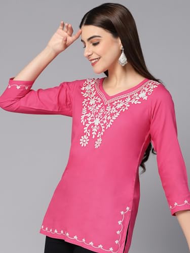 Image of QAZMI Women's Resham Embroidered Kurti |Elegant Design,3 /4 Sleeves, Sweet Heart Neck