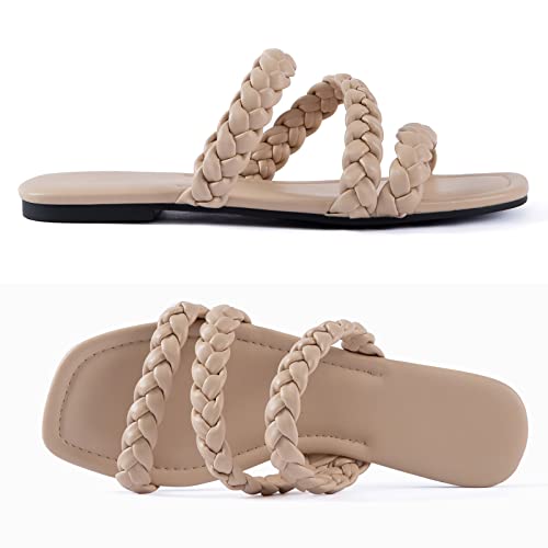 Image of Mtzyoa Women's Strappy Flat Sandals with Toe Ring | Lightweight Walking Slides | Summer Beach Wedding Shoes | Black | Casual Dressy Vacation