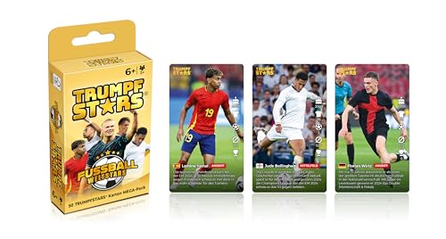 TRUMPFSTARS Fußball Weltstars - 50 Karten mit 50 Top Stars des Weltfußballs - Kartenspiel für 2-8 Spieler - ab 6 Jahren - Deutsche Sprache – Modernes Design - Plastikfrei - Fußballkarten - Qualität