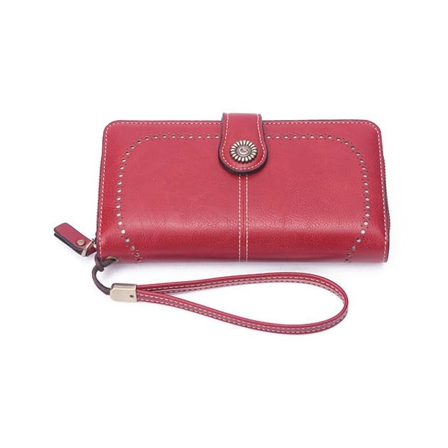 Cross border New Women's Wallet Vintage Oil Wax Leather Long Hollow Wallet Multi functional Large Capacity Phone Bag2