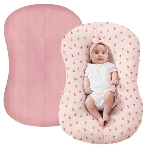 Image of FUNUPUP Muslin Baby Lounger Cover Compatible with Snuggle Me Lounger, Infant Lounger Pillow Cover for Newborn, Removable Newborn Lounger Cover for Boys and Girls, Only Cover, Pink&Pink Flower